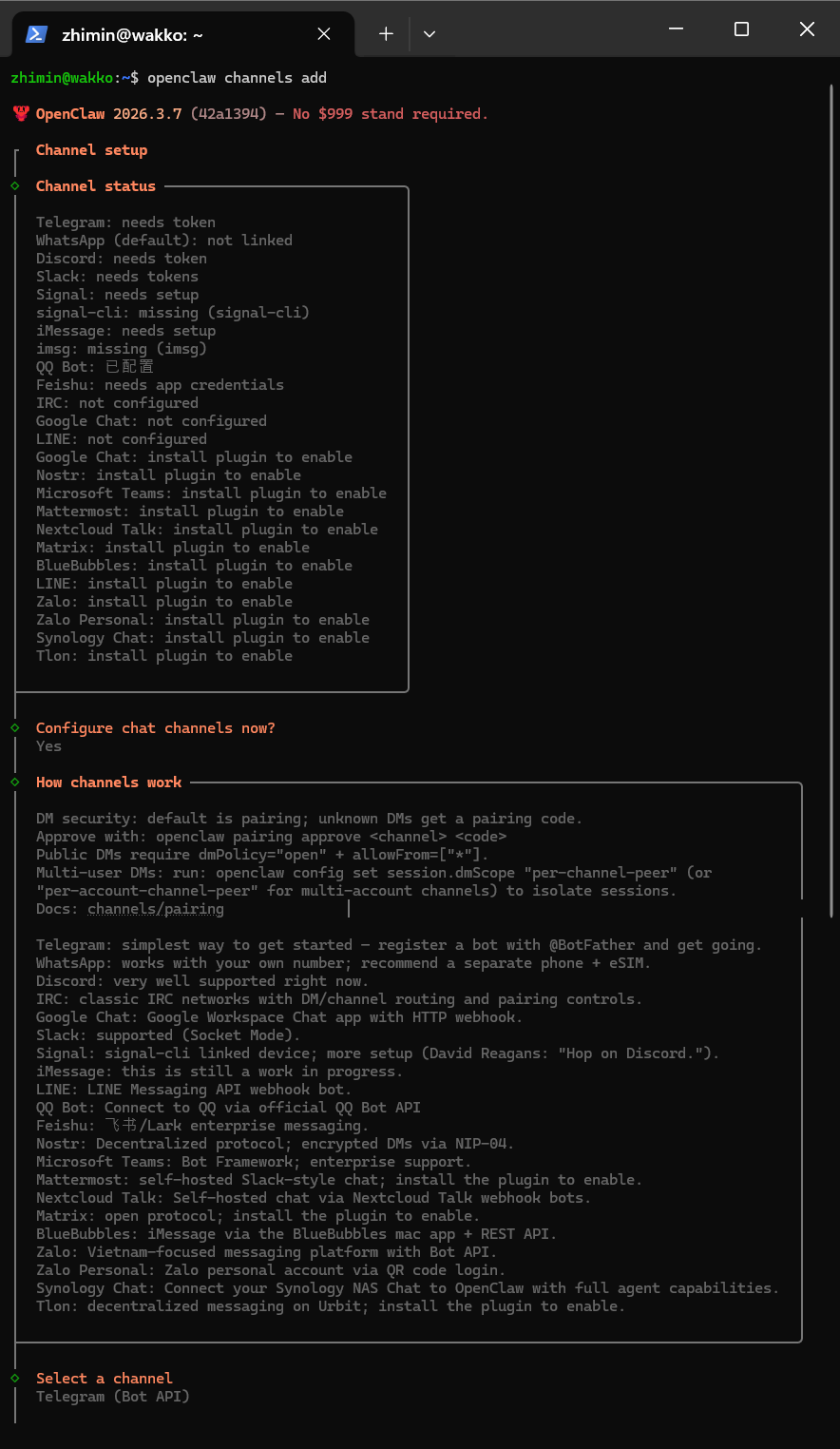 openclaw channels add 向导界面